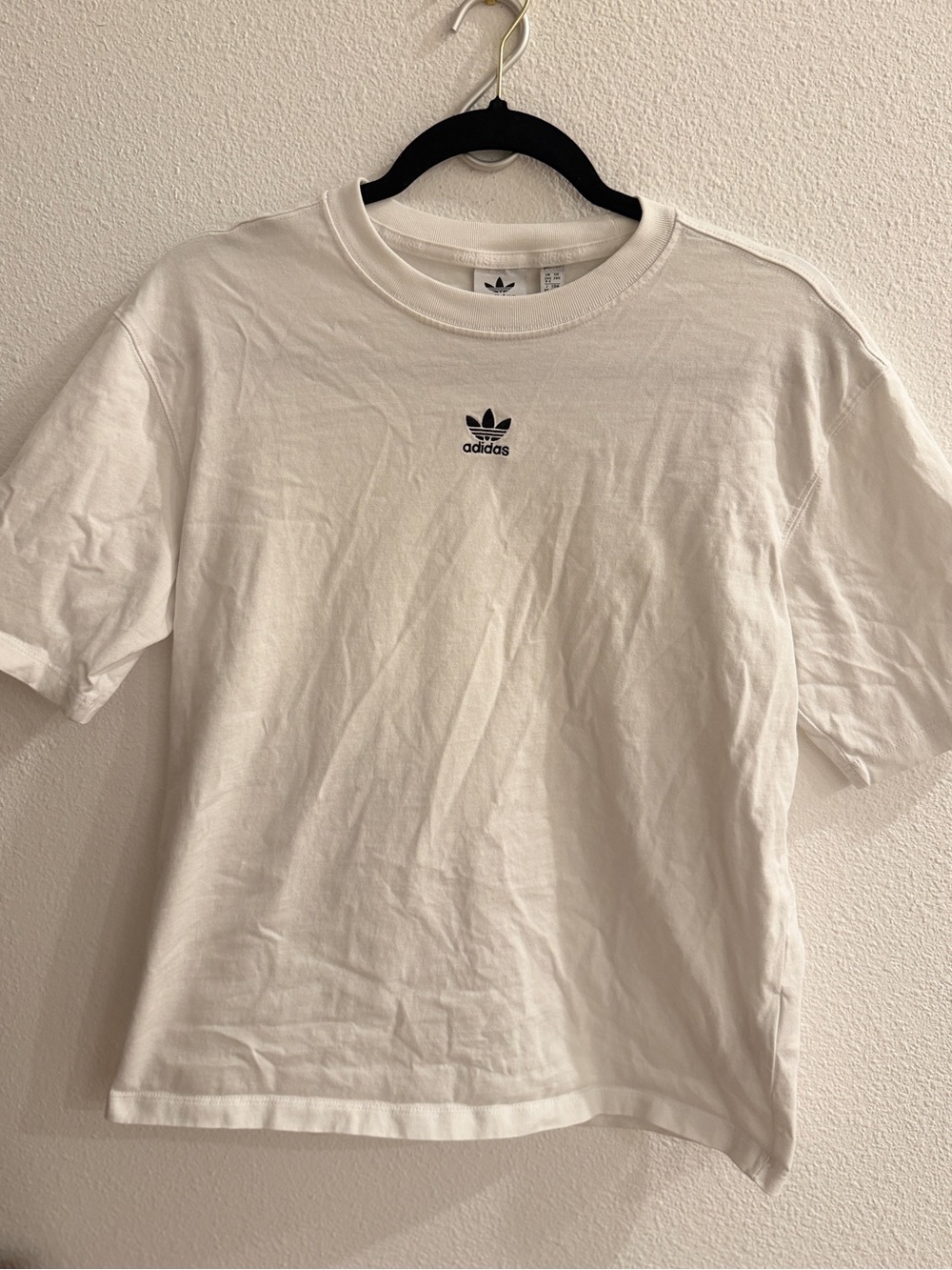 adidas White Tee with Small Black Trefoil